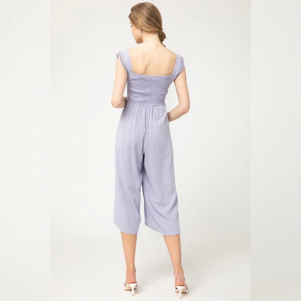 Entro | Layla Solid Smocked Cropped Jumpsuit Crochet Lilac Linen Purple Large - Picture 9 of 13